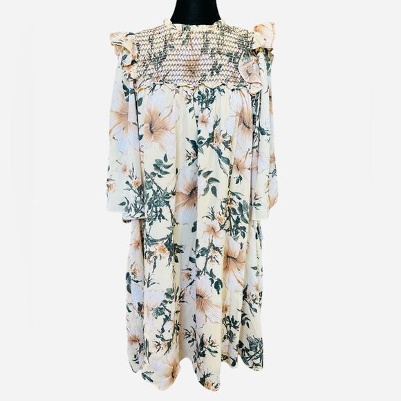 Happy x Nature Boho Dress Size Large Neutral Floral Smocked Bust Ruffle Flutter - Picture 1 of 8